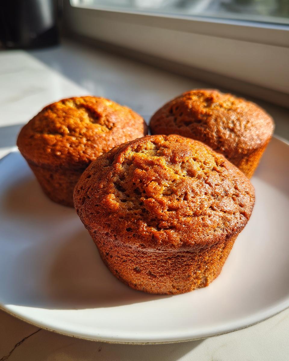 Three freshly baked banana protein muffins with golden brown tops sitting on a white plate near a window.