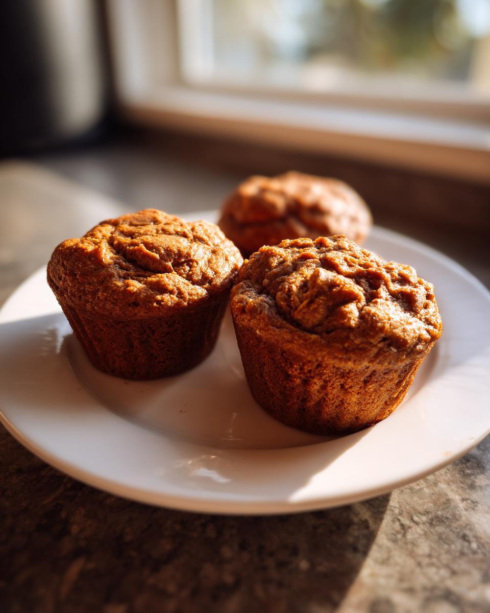 Three freshly baked banana protein muffins sitting on a white plate, highlighted by bright morning sunlight.