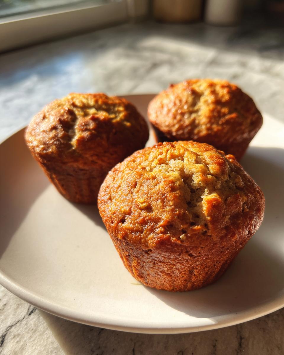 Close-up of three golden brown banana protein muffins sitting on a light-colored plate in bright sunlight.