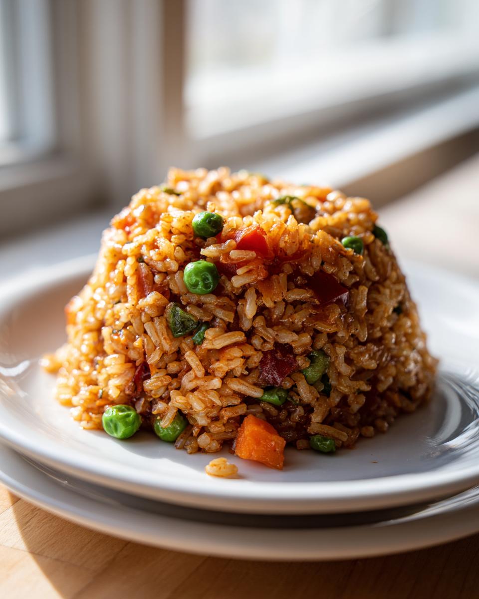 A perfectly molded mound of flavorful Spanish rice mixed with peas and carrots, served on a white plate.