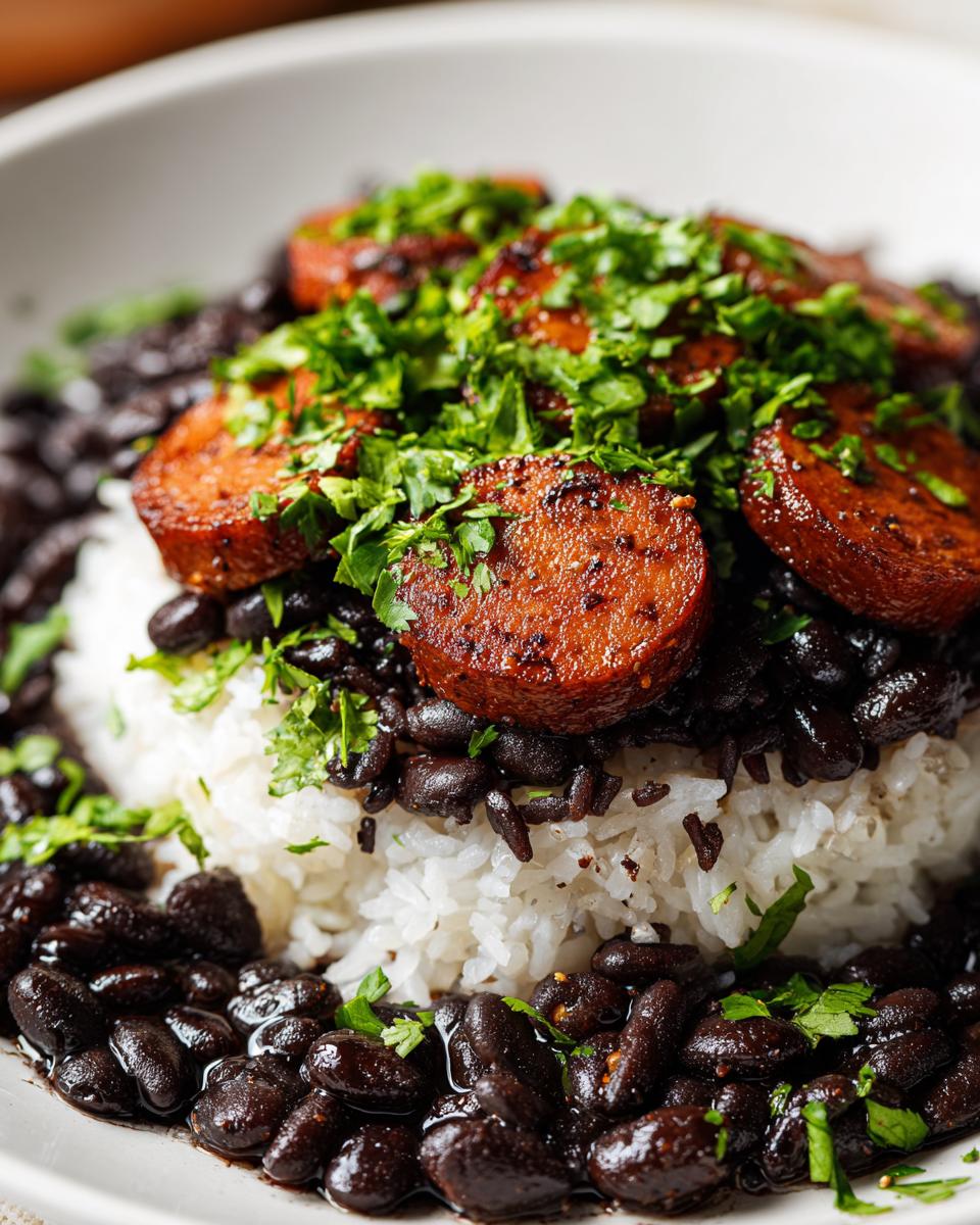 Close-up of a bowl of black beans and rice topped with sliced, seared sausage and fresh cilantro.