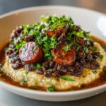 A close-up of black beans and rice served over grits, topped with sliced sausage and fresh cilantro.