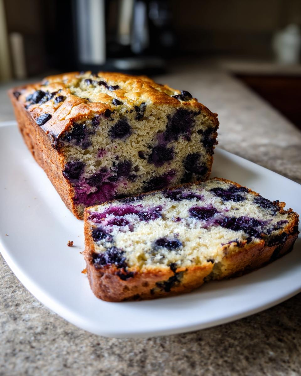 A loaf of moist blueberry banana bread, partially sliced, showing rich purple blueberries throughout the crumb.