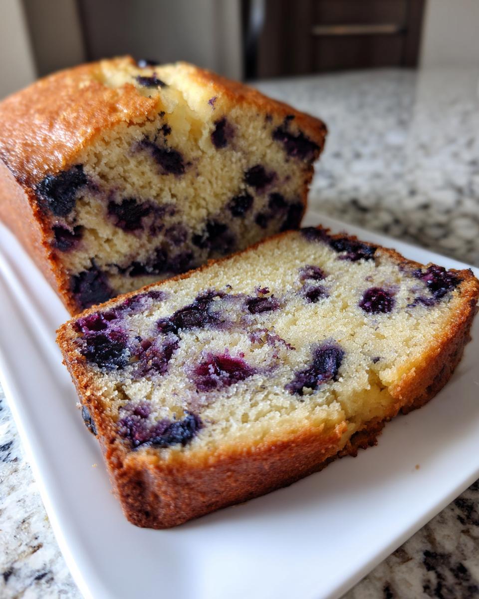 A close-up of a slice cut from a golden blueberry banana bread loaf, showing moist crumb and dark blueberries.