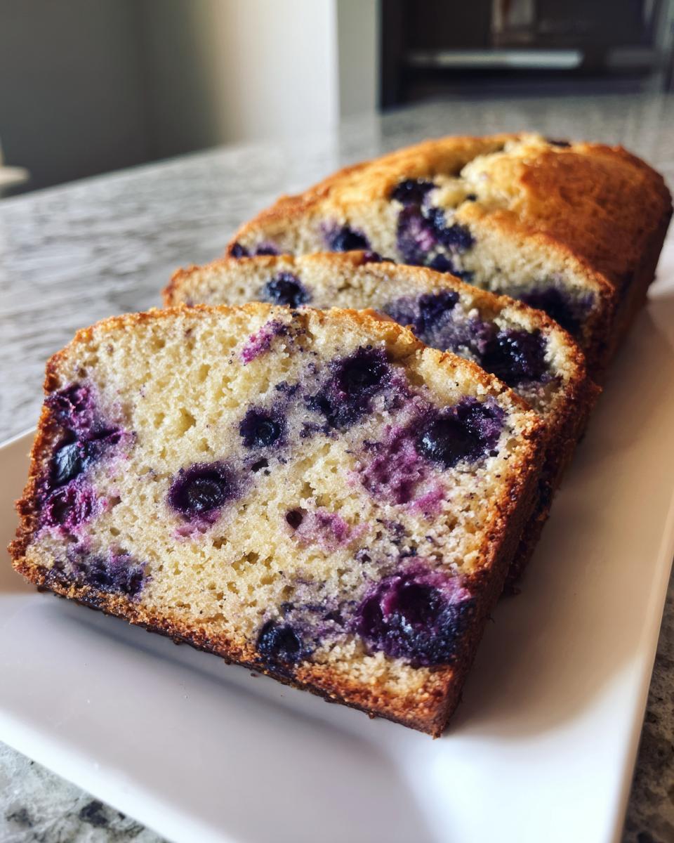 Close-up of three thick slices of moist blueberry banana bread showing visible blueberries on a white serving dish.