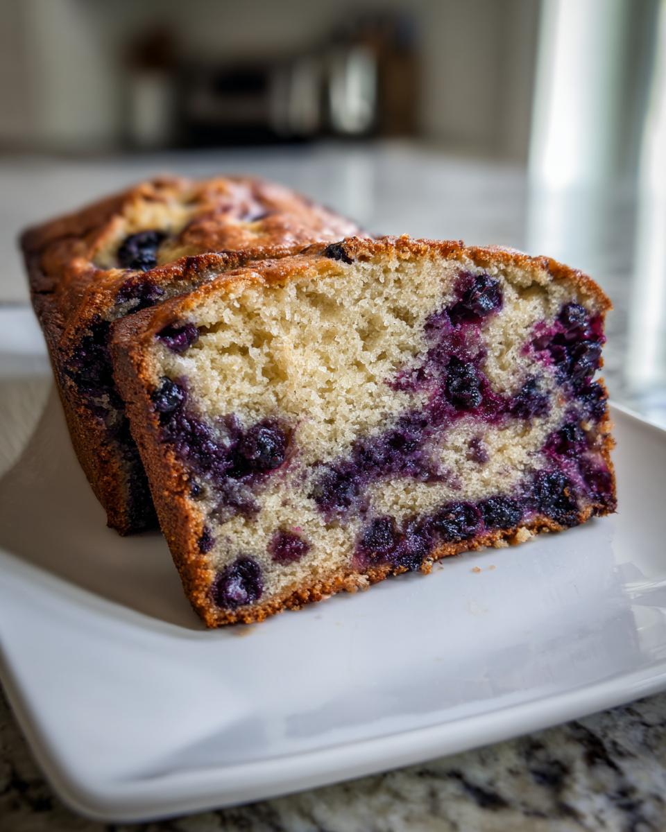 Close-up of two slices of moist blueberry banana bread showing rich purple berries throughout the crumb.