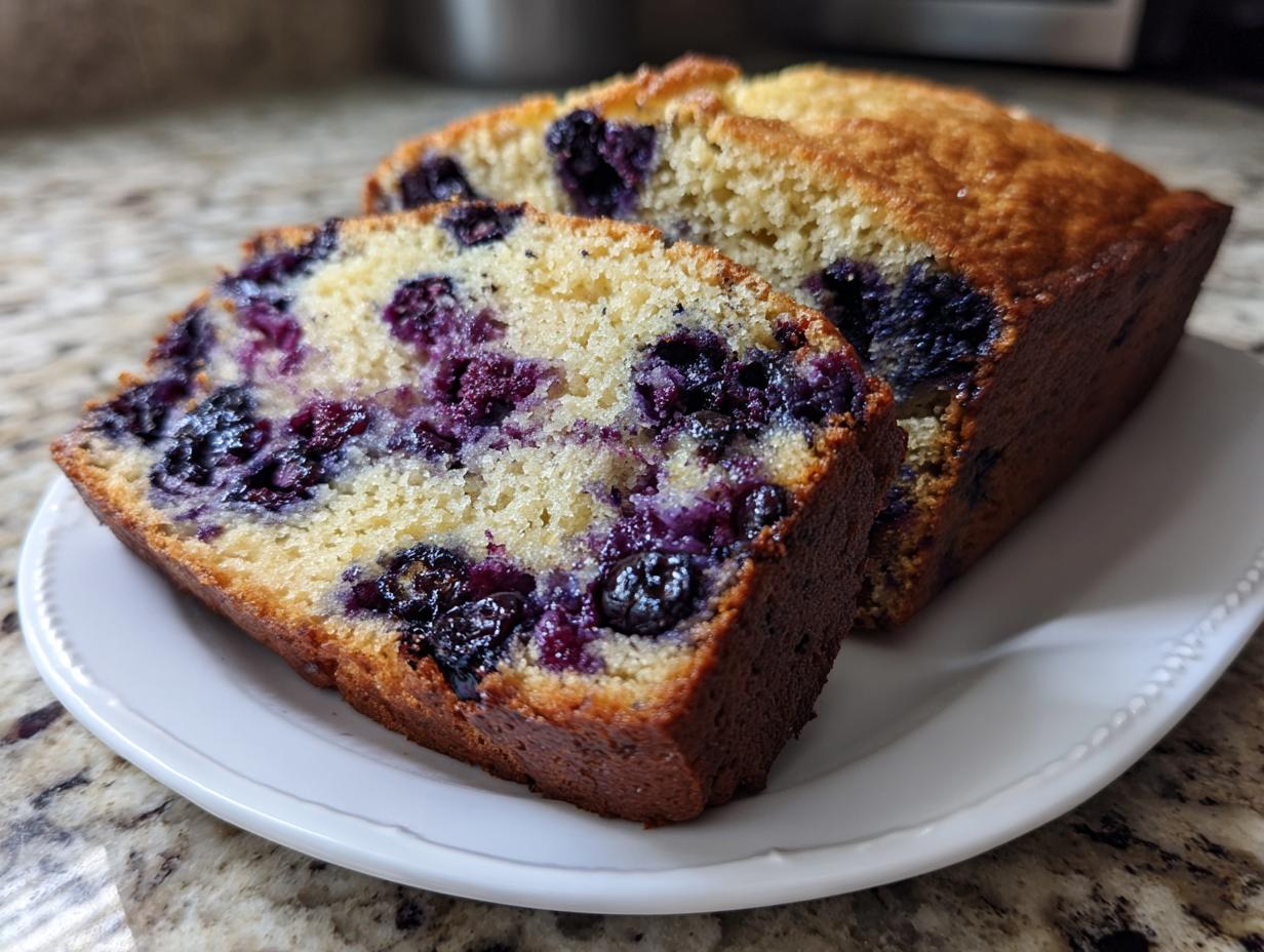 Two slices of moist blueberry banana bread showing vibrant purple blueberries embedded in the golden crumb.