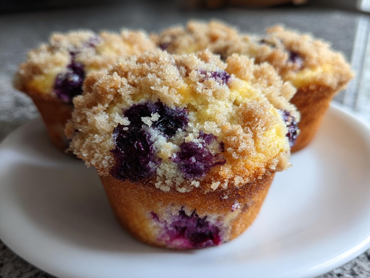 A close-up of a freshly baked blueberry muffin topped with sweet streusel crumb, sitting on a white plate.