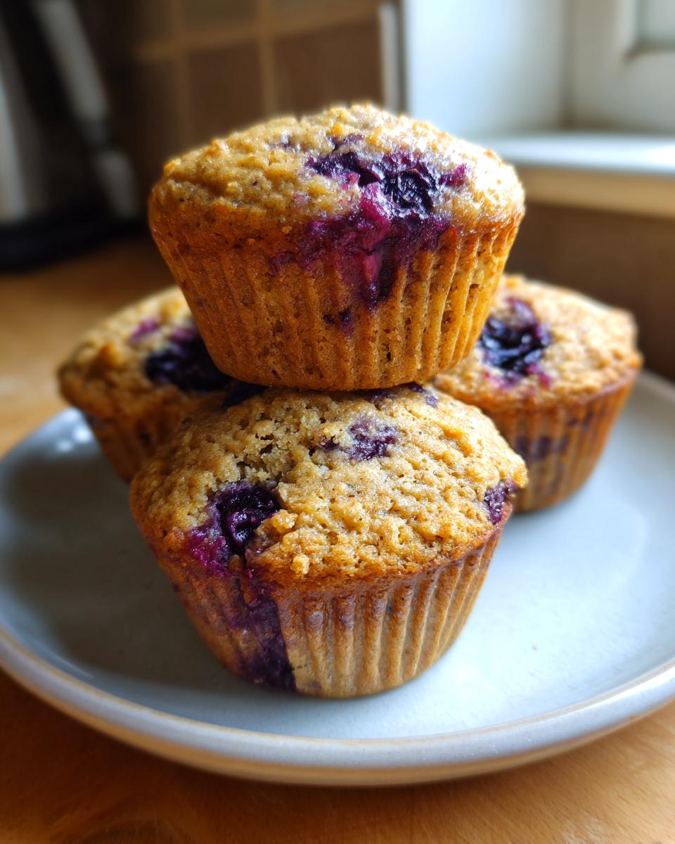 A stack of three golden brown blueberry protein muffins resting on a light blue plate.
