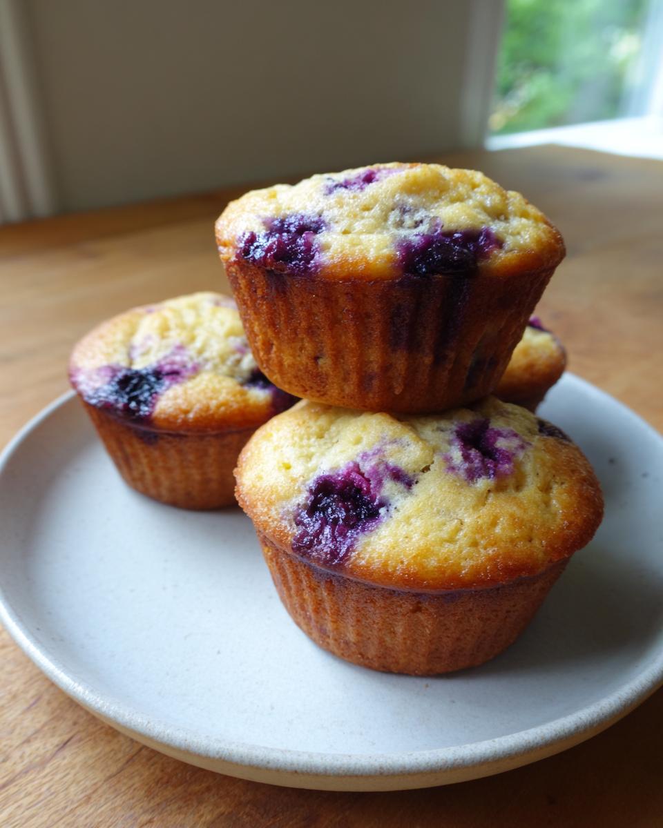 A stack of golden brown blueberry protein muffins on a light ceramic plate, ready to eat.