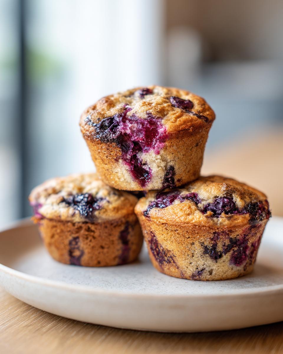 Three golden-brown blueberry protein muffins stacked on a light ceramic plate, showing vibrant purple berry filling.