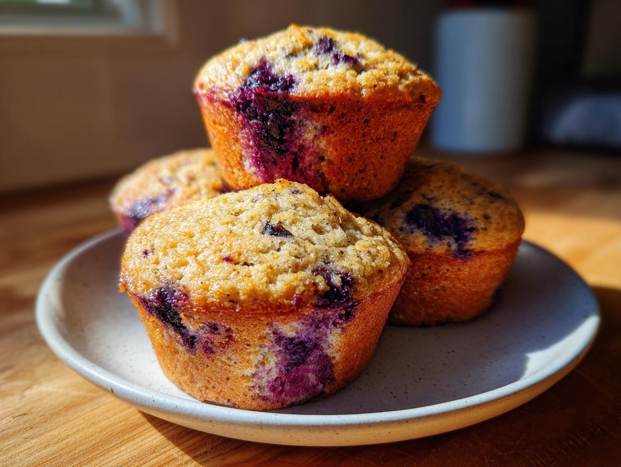 A stack of four golden-brown blueberry protein muffins with visible purple fruit baked in, sitting on a light speckled plate.