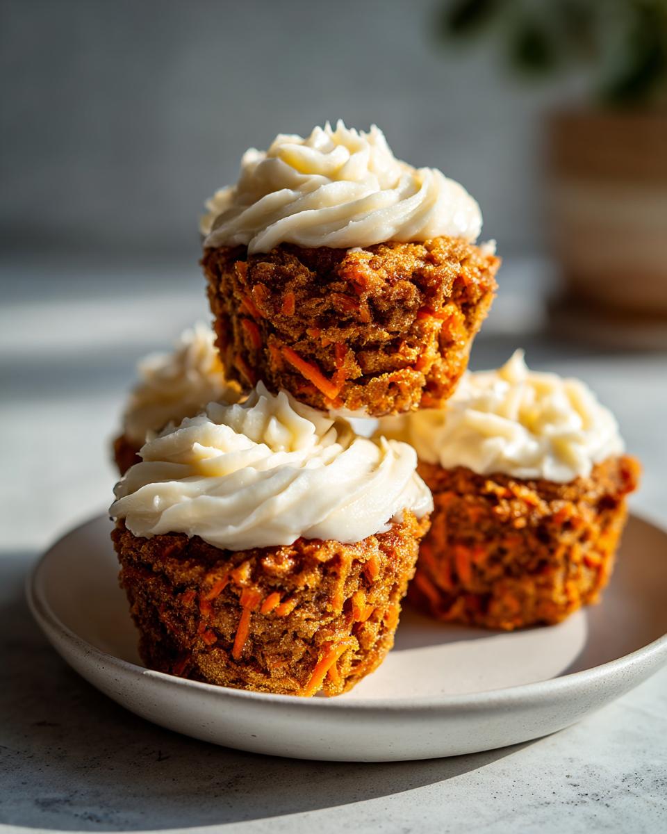 A close-up stack of three moist carrot cake muffins topped with thick swirls of cream cheese frosting.