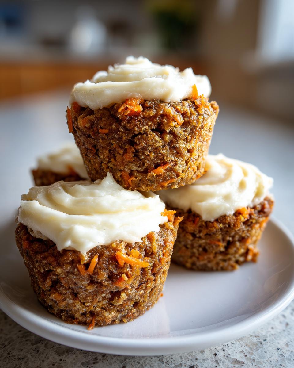 Close-up of three delicious carrot cake muffins stacked on a white plate, topped with thick cream cheese frosting.