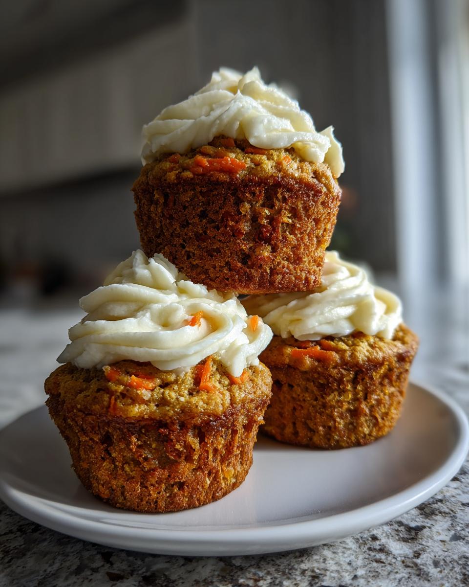 Three delicious carrot cake muffins stacked on a white plate, topped with thick cream cheese frosting.
