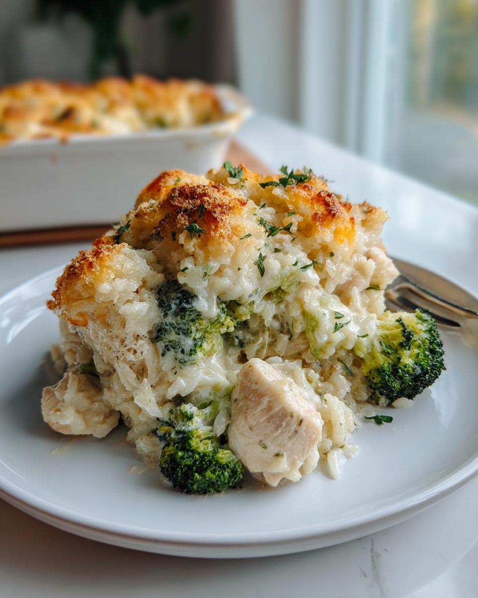 A close-up serving of creamy chicken broccoli rice casserole with a golden, crunchy topping on a white plate.