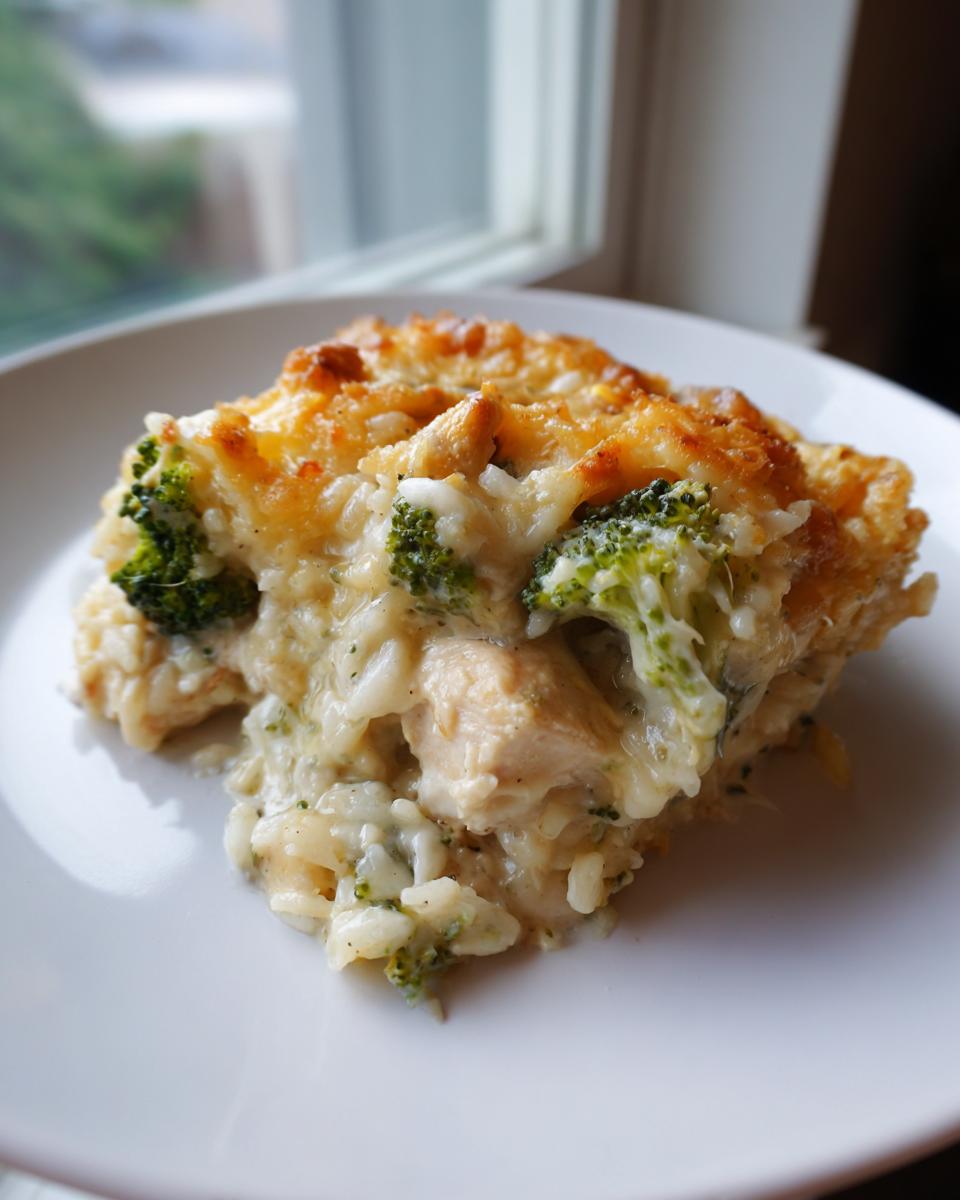 A close-up serving of creamy chicken broccoli rice casserole topped with golden, melted cheese.