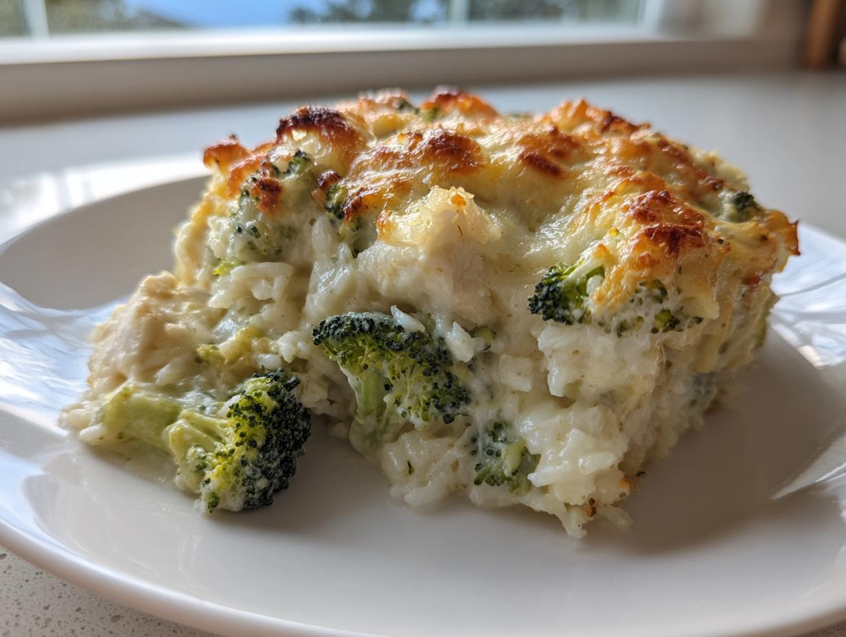 A close-up of a hearty serving of chicken broccoli rice casserole with a golden, bubbly cheese crust.