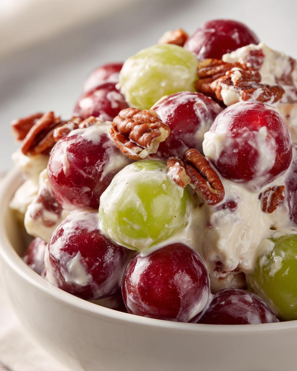 Close-up of creamy chicken salad chick grape salad featuring red and green grapes coated in dressing and topped with pecans.