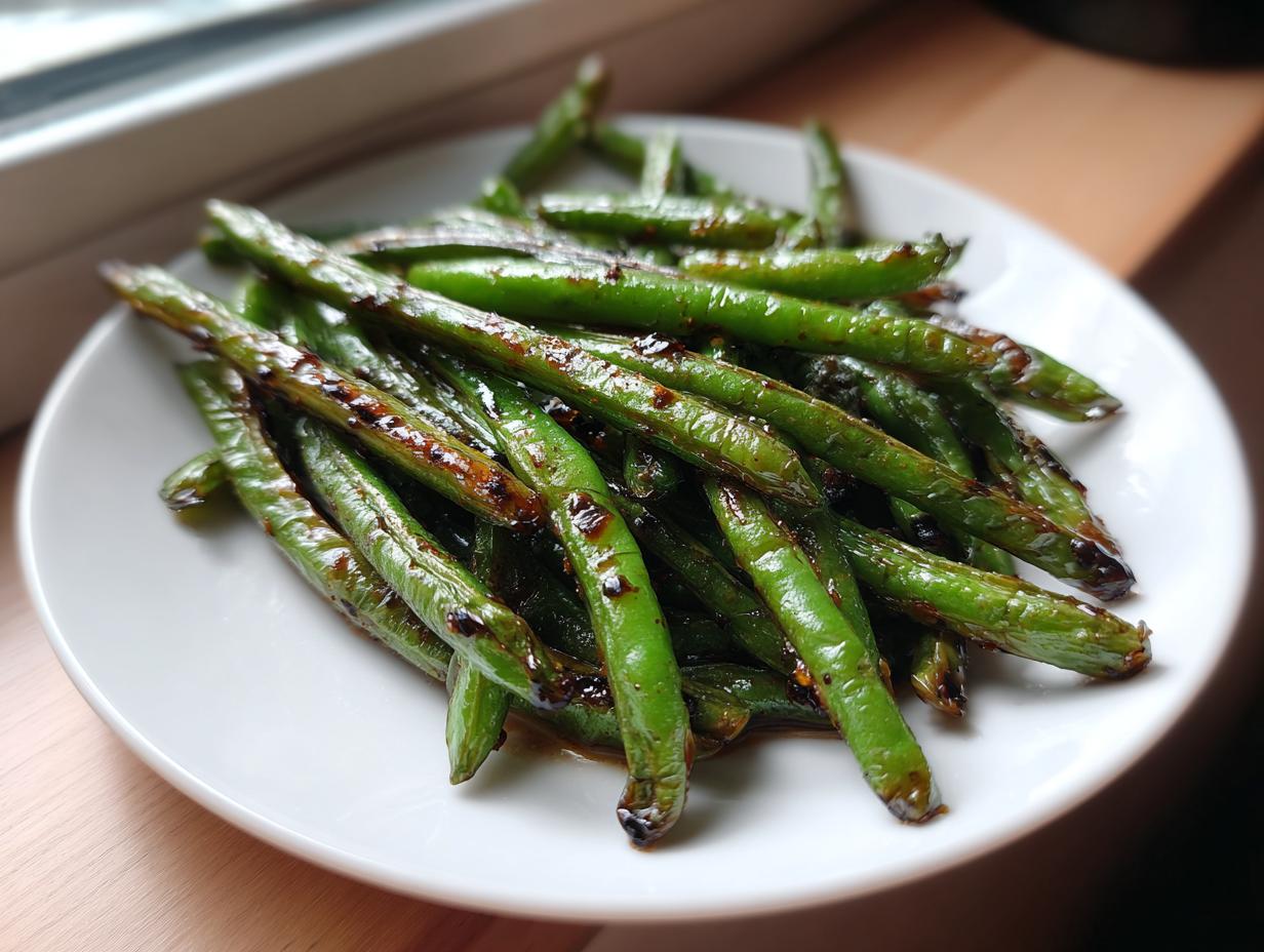 A close-up of blistered chinese green beans with garlic sauce piled on a white plate.