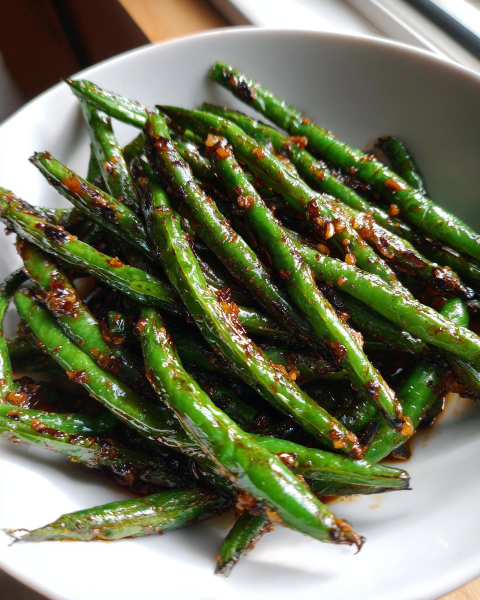 A close-up of vibrant, glossy chinese green beans with garlic sauce served in a white bowl.