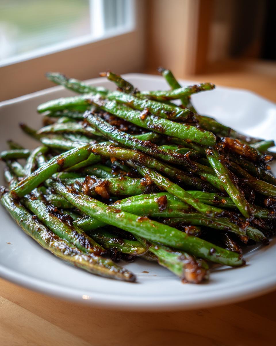A close-up of vibrant green beans coated in a dark, savory garlic sauce, ready to serve.