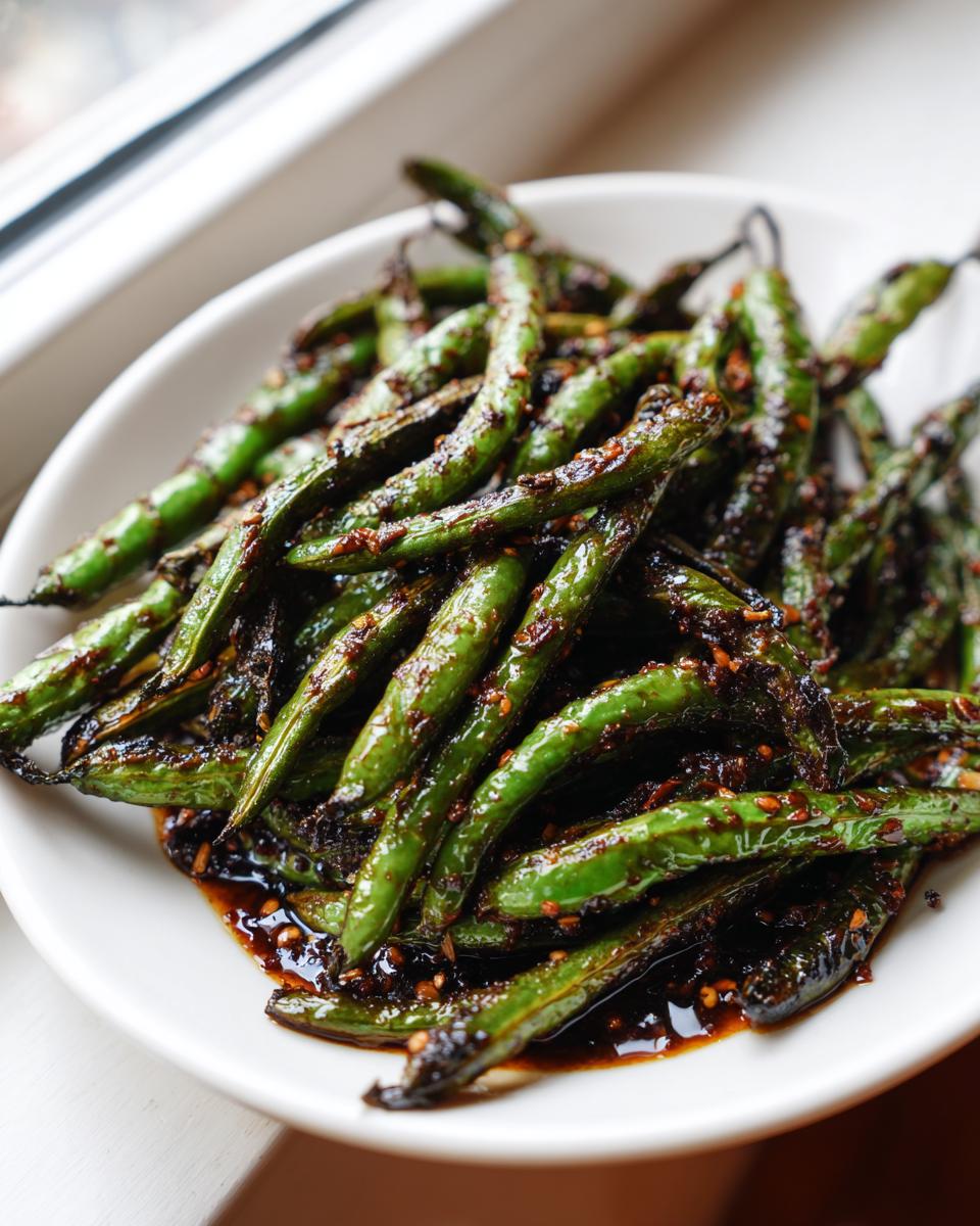 A white bowl filled with blistered, glossy chinese green beans with garlic sauce and sesame seeds.