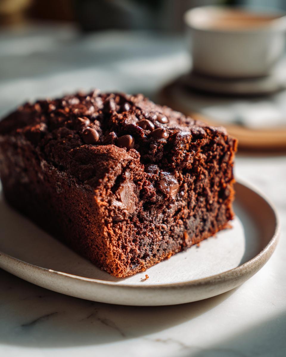 A close-up of a moist slice of dark chocolate banana bread topped with chocolate chips, served on a light plate.