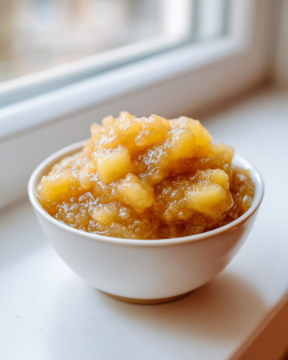 A close-up of chunky, golden homemade applesauce served in a small white bowl near a window.