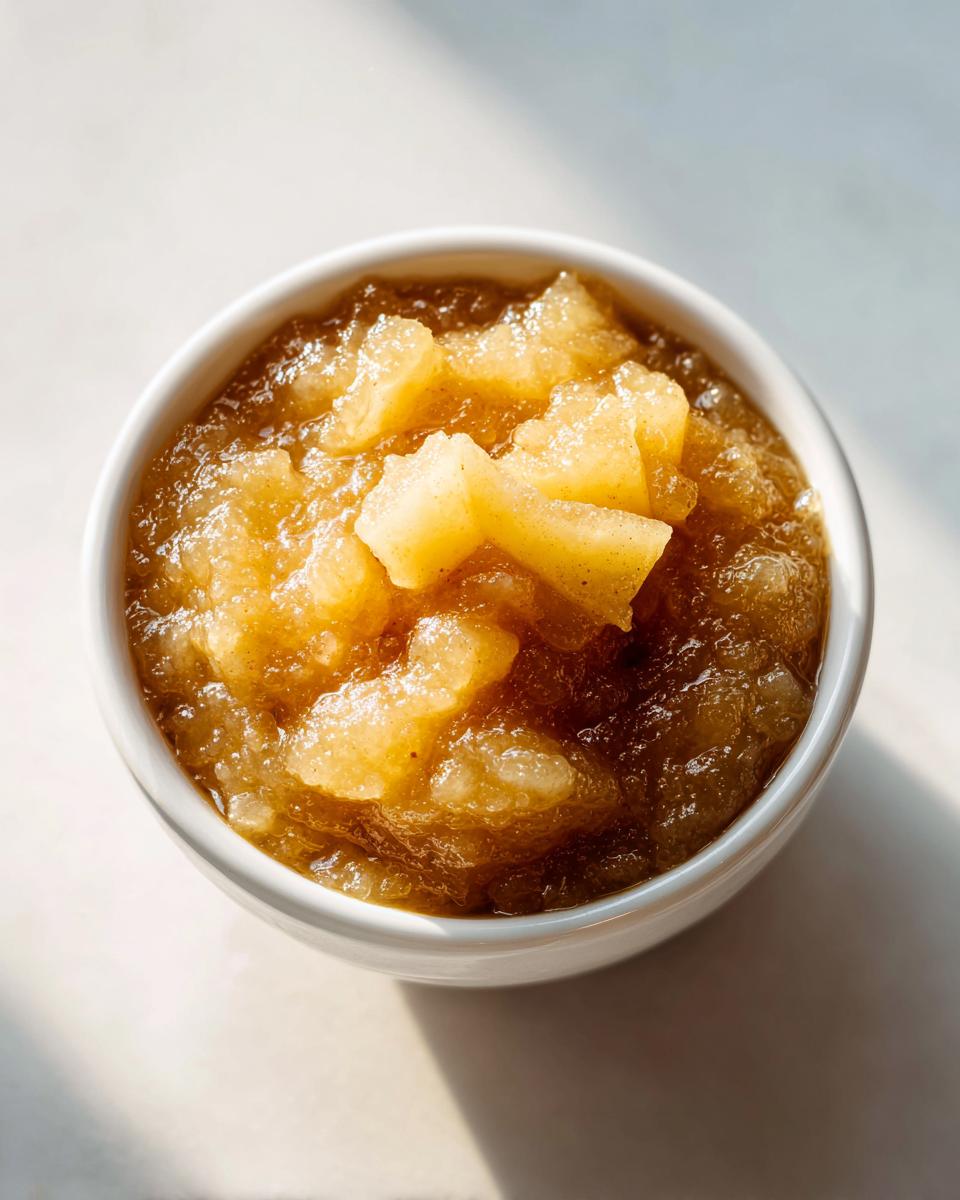 Close-up overhead shot of chunky, homemade applesauce seasoned with cinnamon in a small white bowl.
