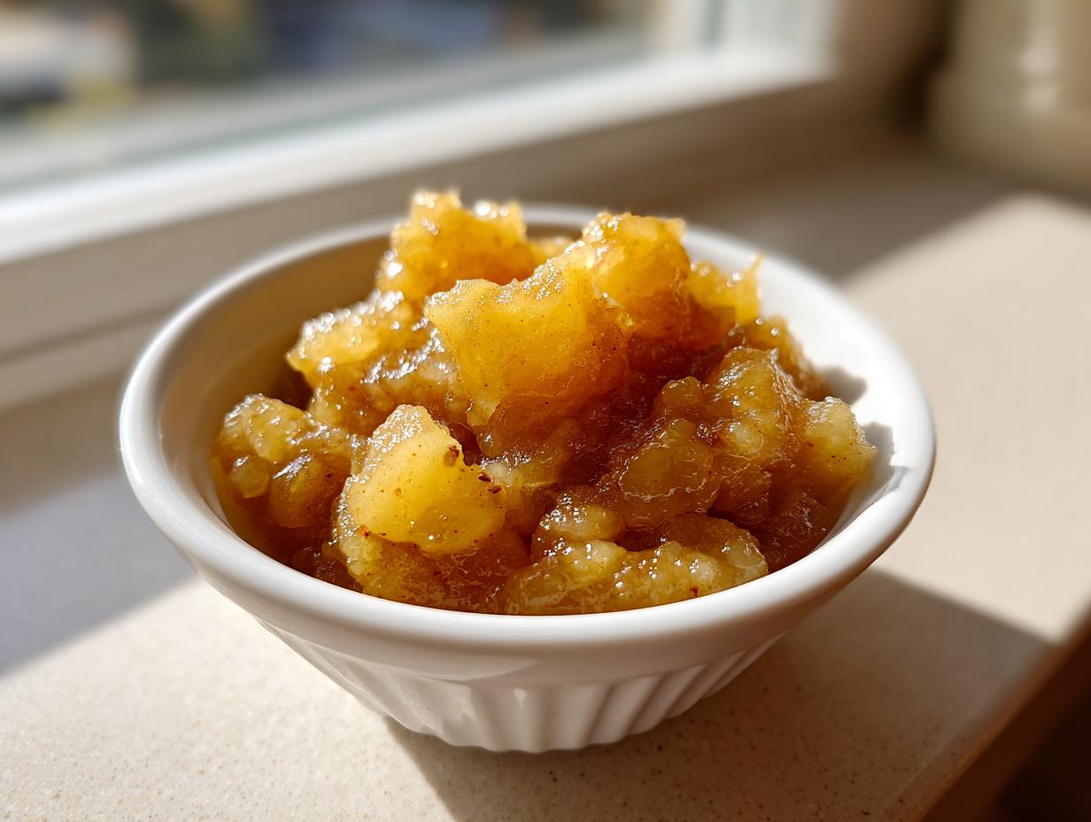 Close-up of chunky, golden homemade applesauce served in a small white bowl near a window.