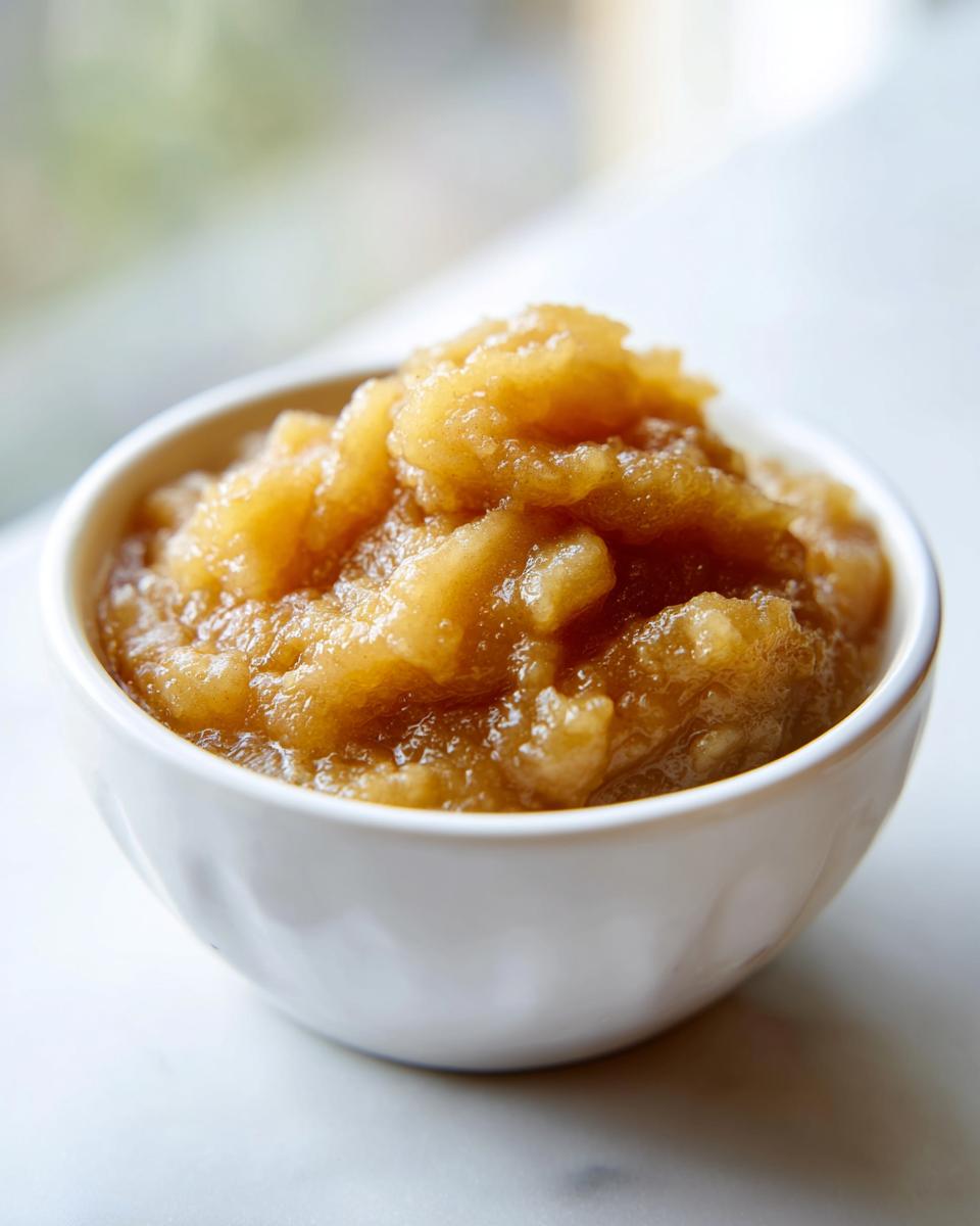 Close-up of chunky, golden brown homemade applesauce served in a small white bowl.
