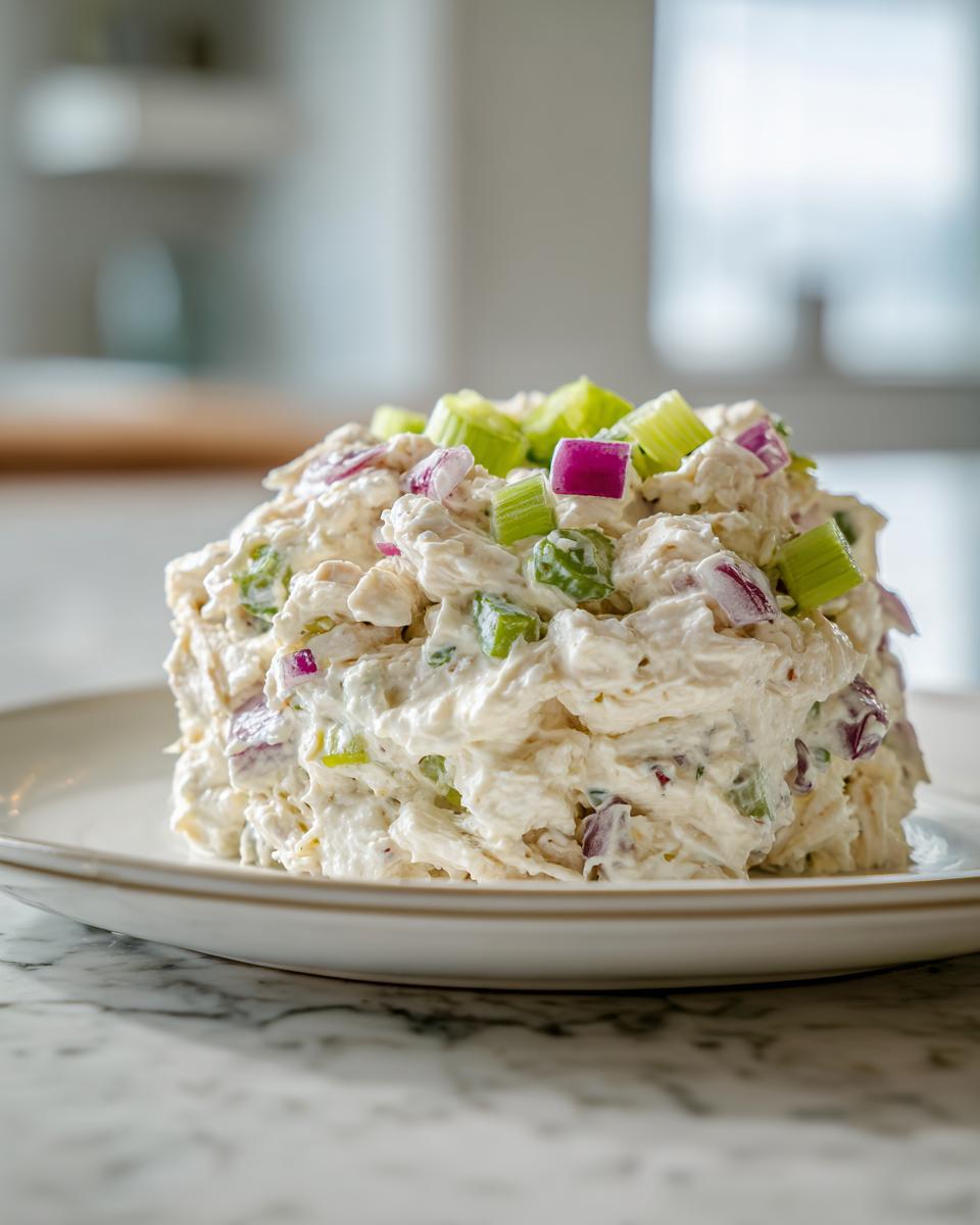 A perfectly molded serving of creamy cottage cheese chicken salad topped with diced red onion and celery.