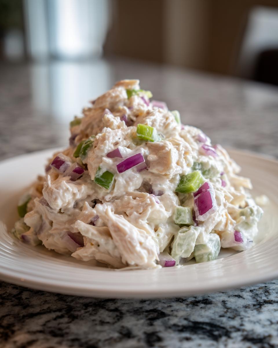 A mound of creamy cottage cheese chicken salad mixed with diced red onion and green celery on a white plate.