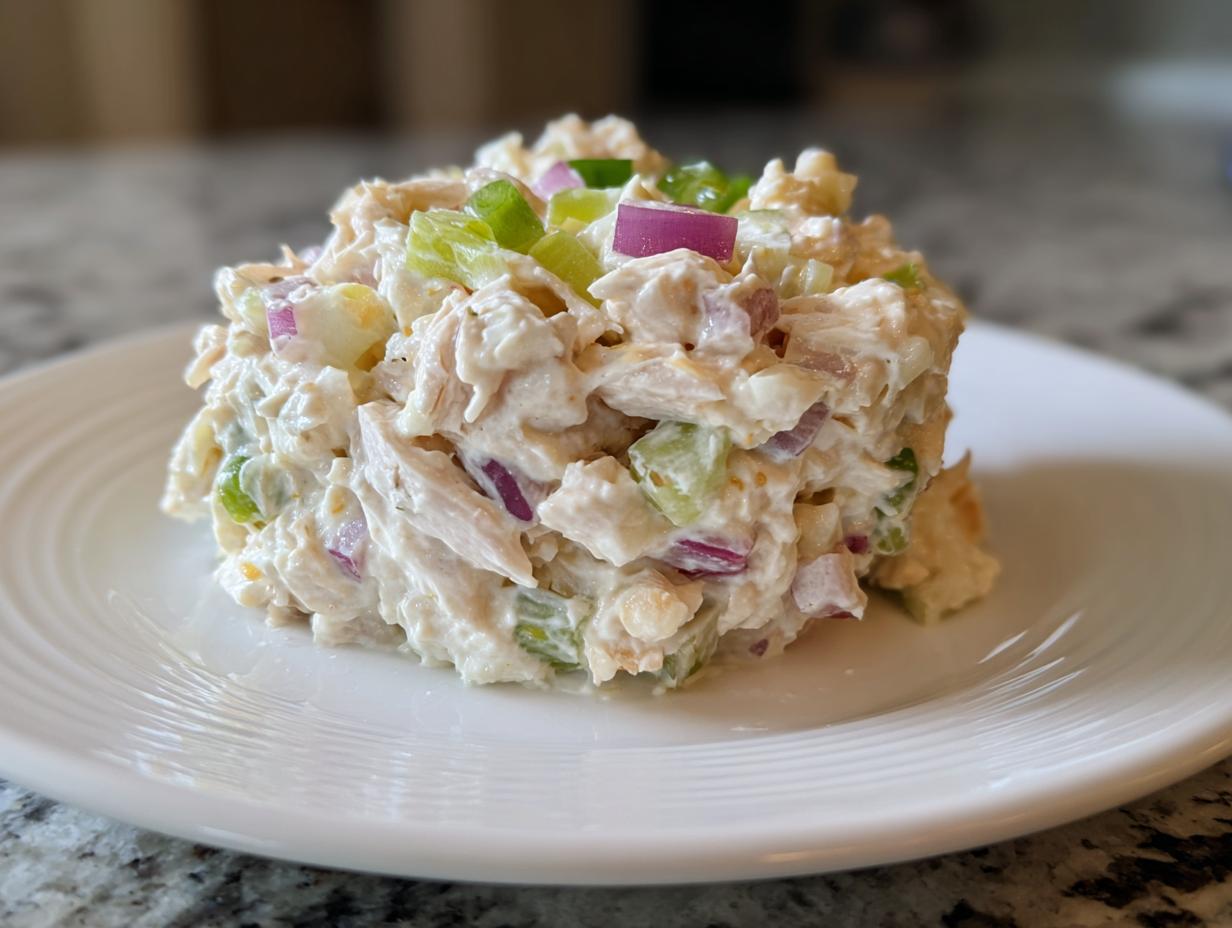 A molded scoop of creamy cottage cheese chicken salad topped with diced red onion and celery.