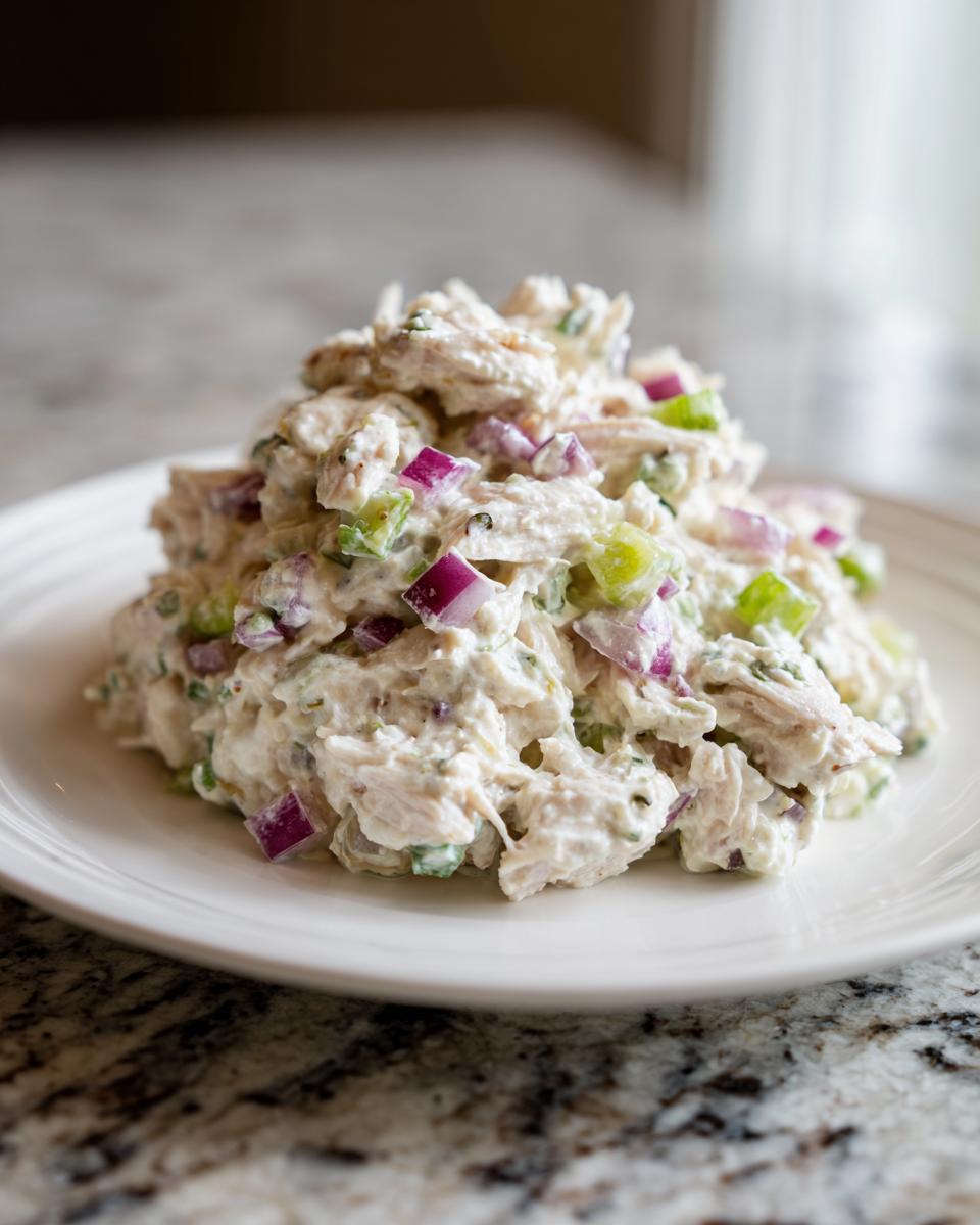 A mound of creamy cottage cheese chicken salad mixed with chopped red onion and celery on a white plate.