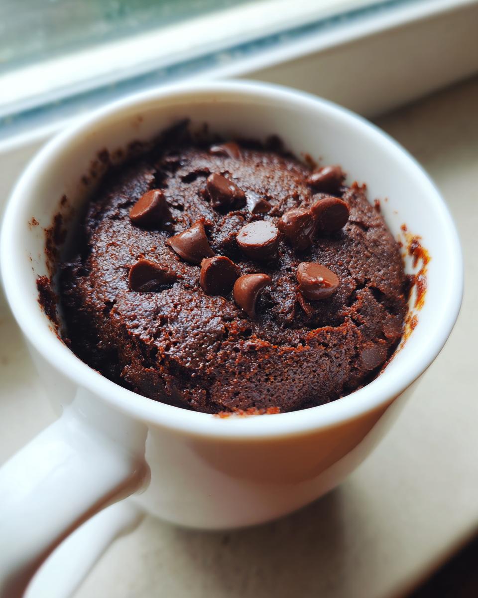 Close-up of a rich, dark chocolate Cottage Cheese Microwave Brownie topped with melted chocolate chips in a white mug.
