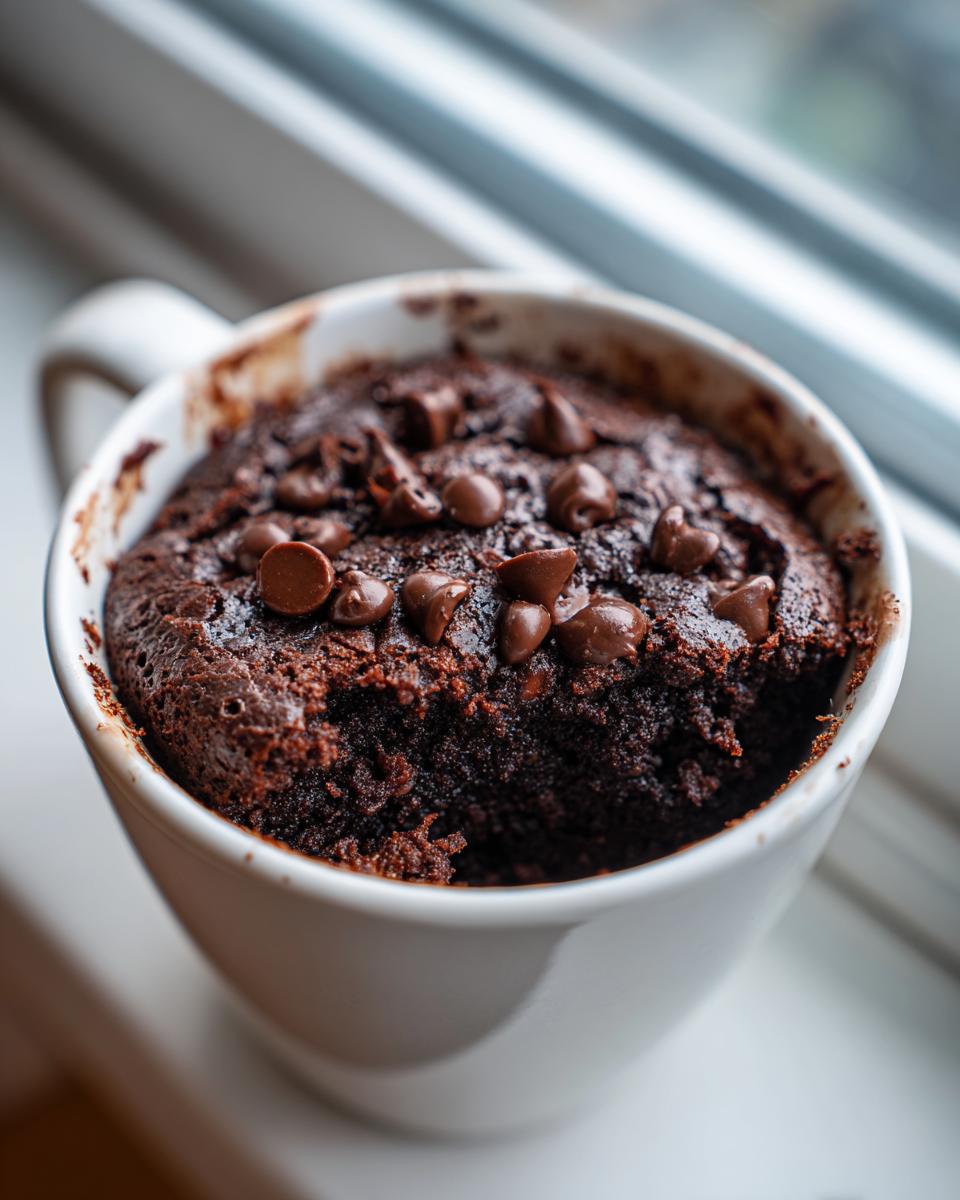 Close-up of a rich, dark chocolate Cottage Cheese Microwave Brownie topped with melted chocolate chips in a white mug.
