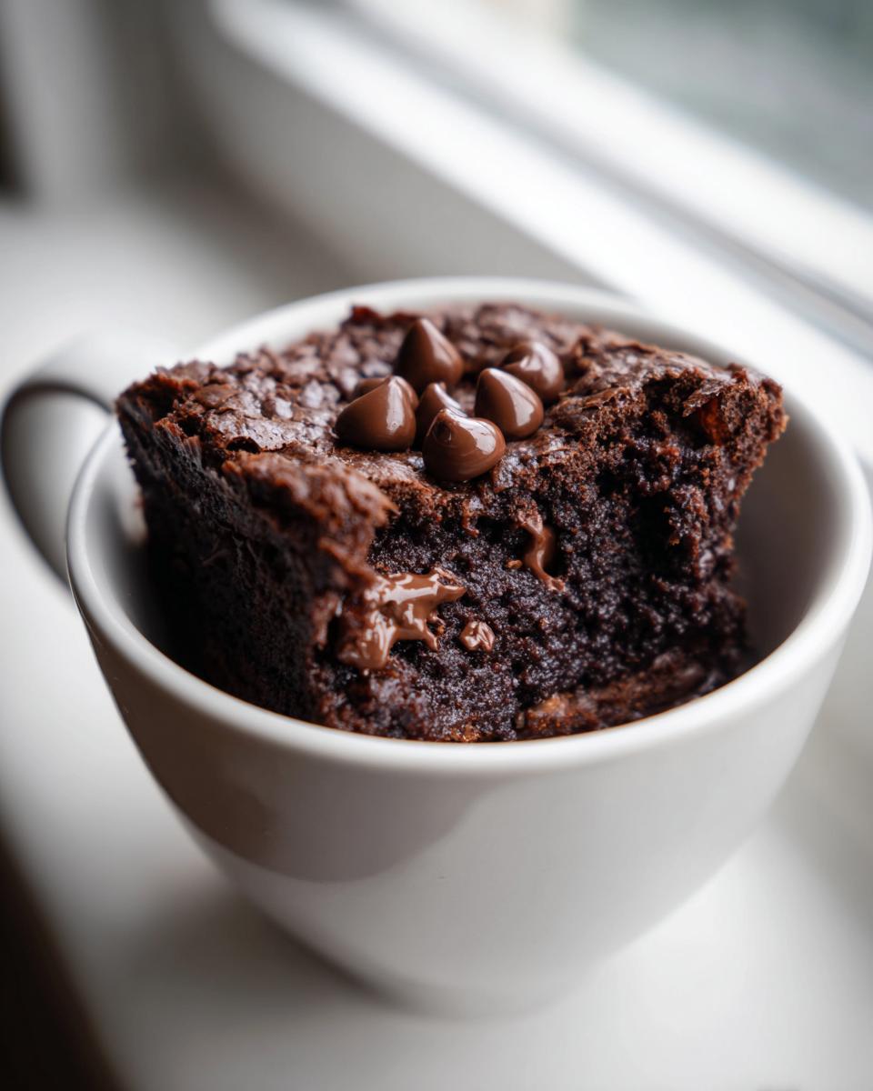 Close-up of a rich, dark Cottage Cheese Microwave Brownie topped with chocolate chips, served in a white mug.
