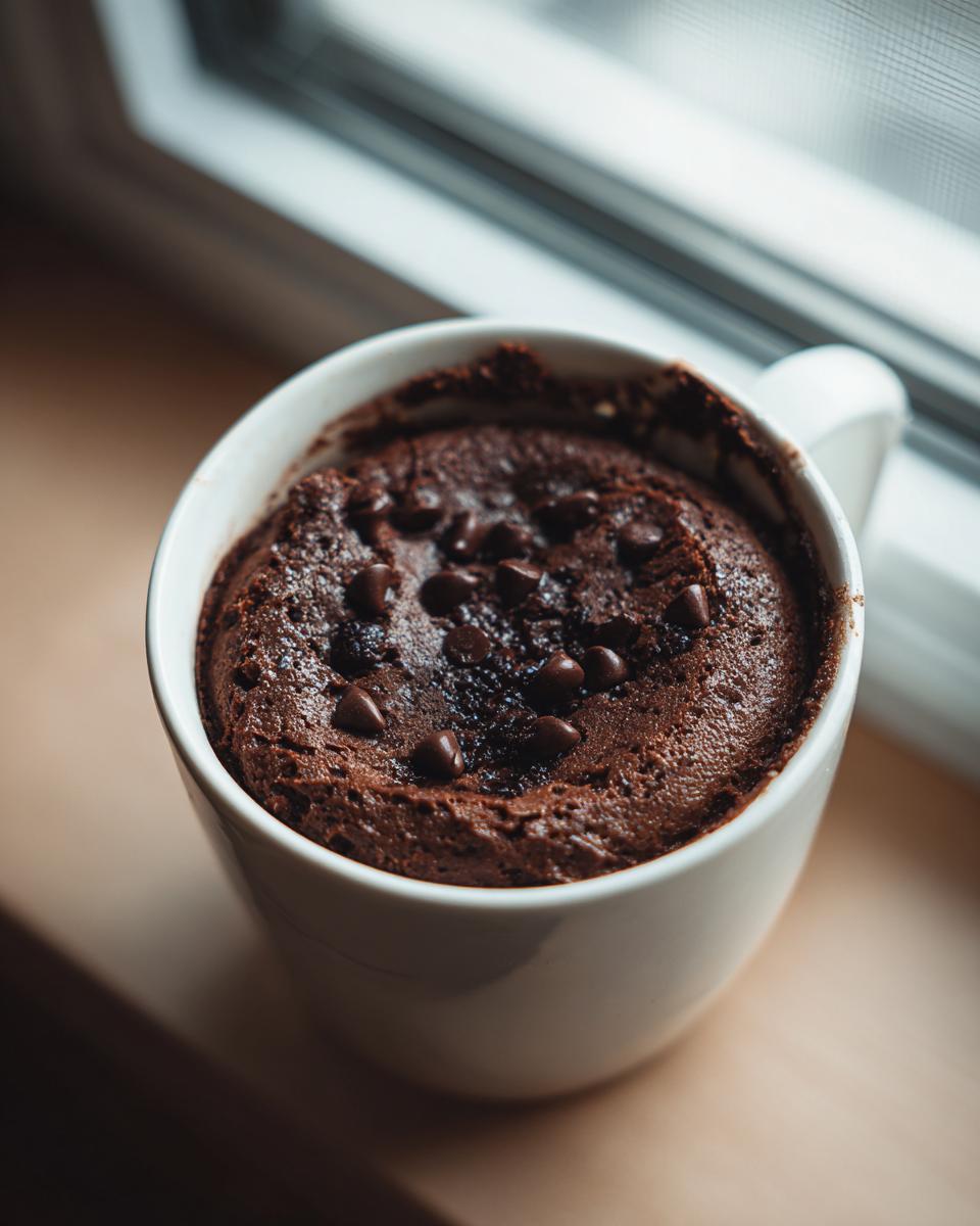A rich, dark chocolate Cottage Cheese Microwave Brownie topped with chocolate chips, served hot in a white mug.