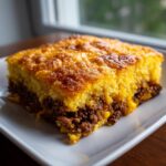 A square slice of cowboy cornbread casserole showing a thick, golden cornbread top layer over a savory ground meat filling.