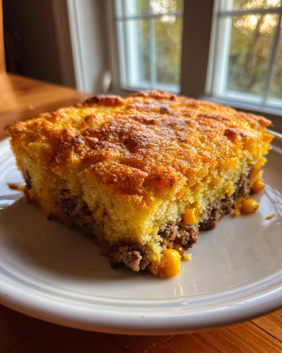 A golden slice of cowboy cornbread casserole with a savory ground meat and corn filling on a white plate.