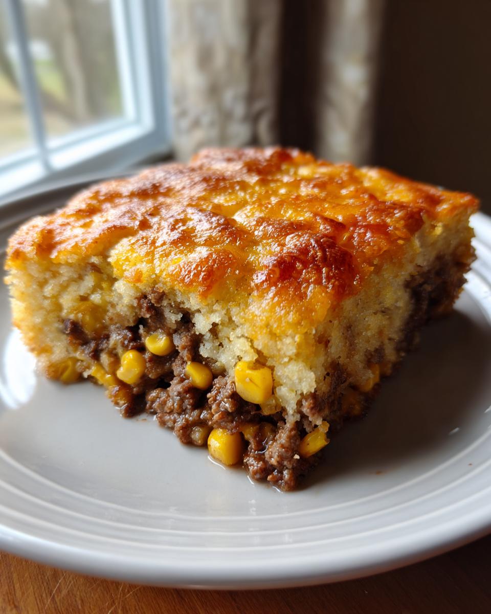 A hearty slice of cowboy cornbread casserole featuring a ground meat and corn filling topped with golden, melted cheese.