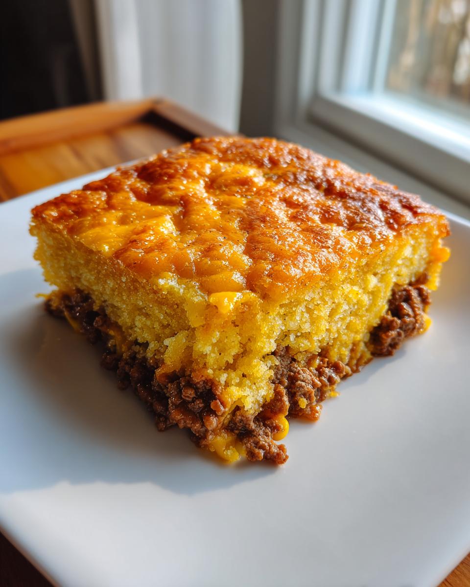 A square slice of cowboy cornbread casserole showing a thick, cheesy cornbread top layer over a savory ground beef filling.