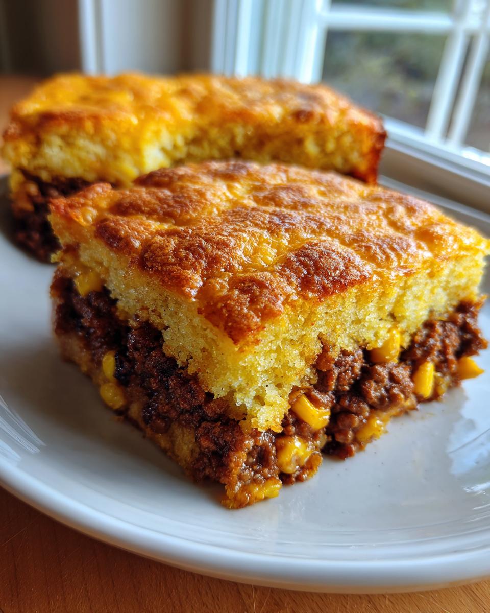 A close-up slice of cowboy cornbread casserole featuring a thick layer of seasoned ground meat and corn topped with golden cornbread.