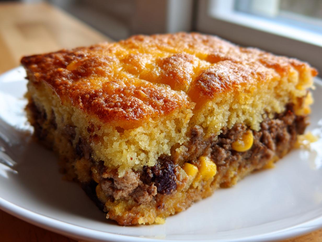 A close-up of a square slice of cowboy cornbread casserole featuring a savory meat and corn filling topped with melted, browned cheese.