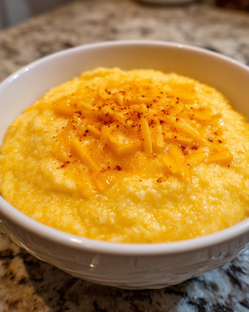 A close-up of a white bowl filled with creamy, yellow cheese grits, topped with shredded cheddar and a sprinkle of paprika.