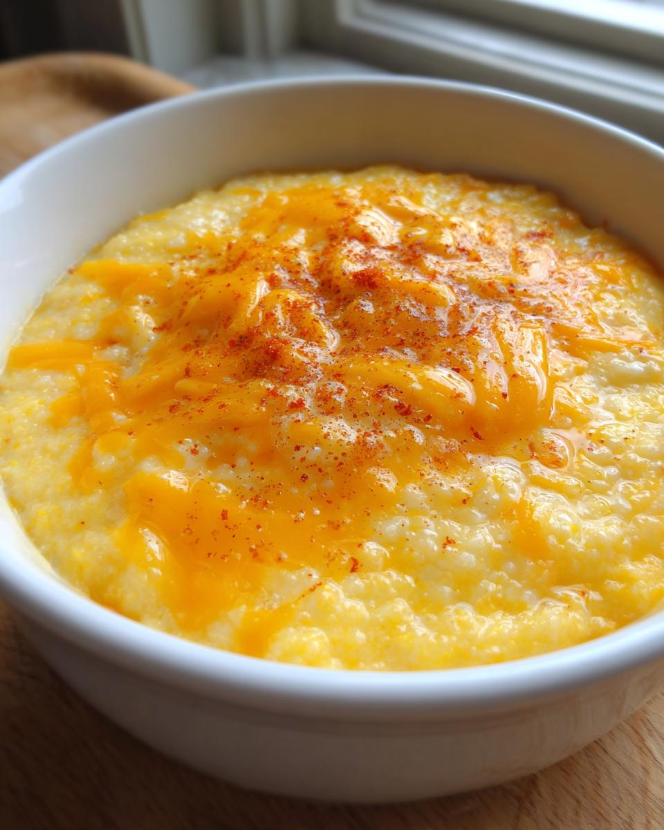 Close-up of a white bowl filled with creamy cheese grits topped with melted orange cheddar and a sprinkle of paprika.