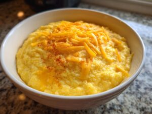 Close-up of a white bowl filled with creamy, yellow cheese grits topped with shredded cheddar cheese and a sprinkle of paprika.
