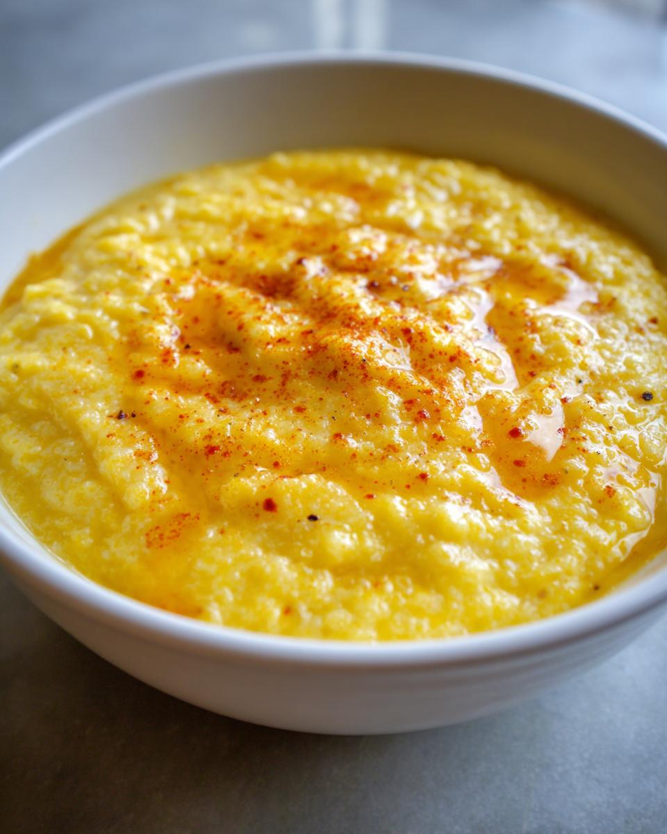 Close-up of a white bowl filled with creamy, yellow cheese grits, topped with melted butter and a sprinkle of paprika.
